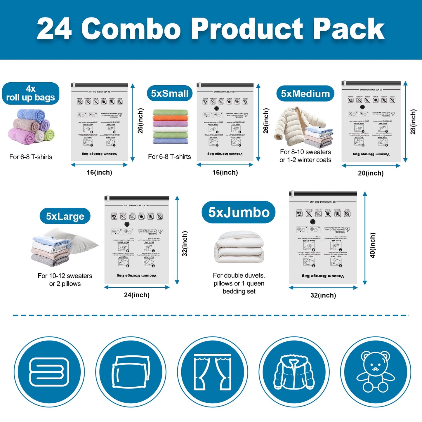 Cubepoint 24 Combo Vacuum Storage Bags with Electric Pump, 5 Jumbo 5 Large 5 Medium 5 Small 4 Roll up Bags Space Saver Storage Bags, Double Zipper Vacuum Seal Bags for Clothes