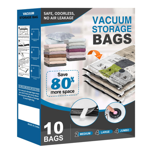 Cubepoint 10 Combo Vacuum Storage Bags, 4 Jumbo 4 Large 2 Medium Instant Space Saver Storage Bags, Airtight Double Zipper Vacuum Seal Bags for Clothes, Comforters, Pillows
