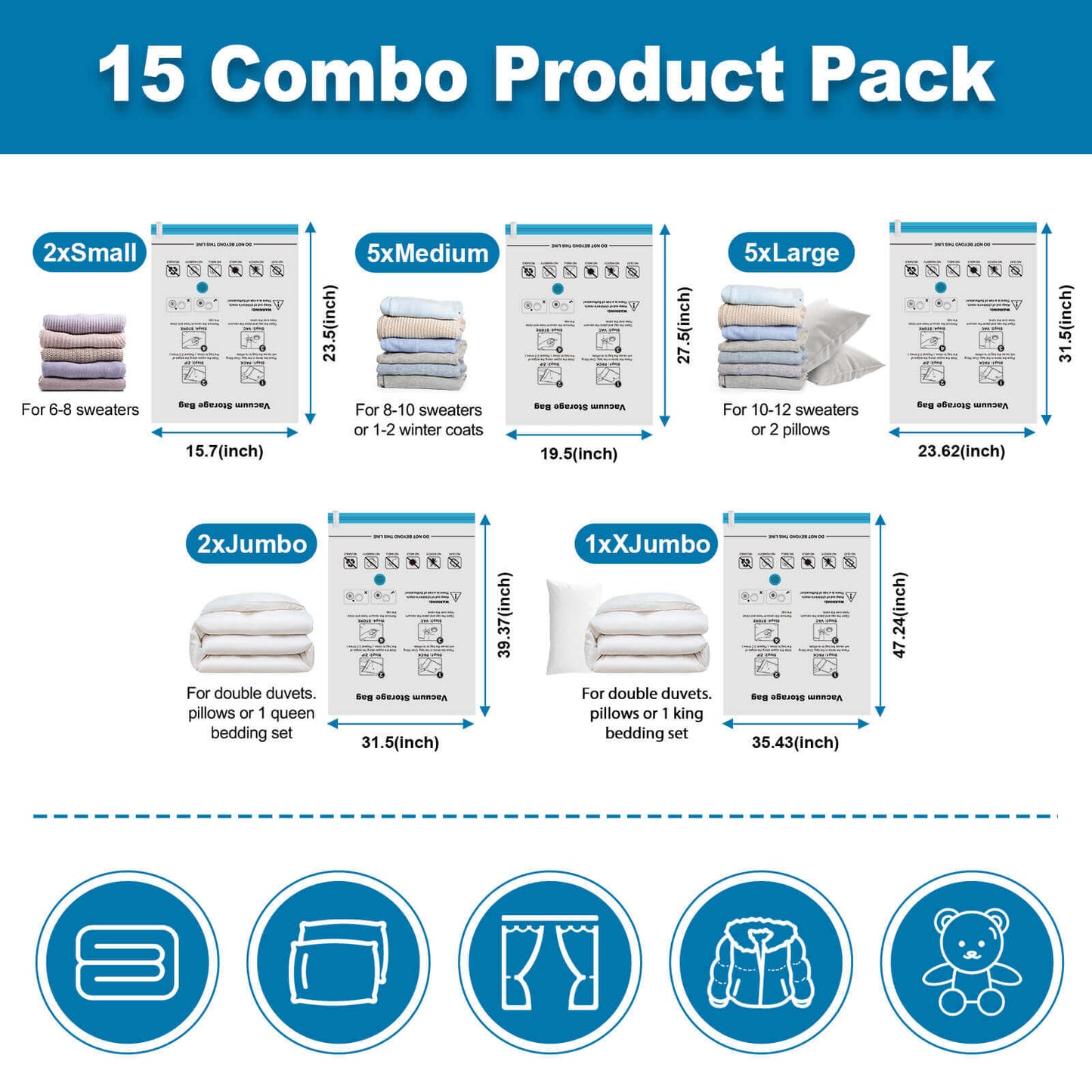 Cubepoint 15 Pack Space Bags Vacuum Storage Bags,1 X-Jumbo 2 Jumbo 5 Large 2 Medium 2 Small Vacuum Seal Bags for Clothes,Save Space for Comforters, Blanket Storage