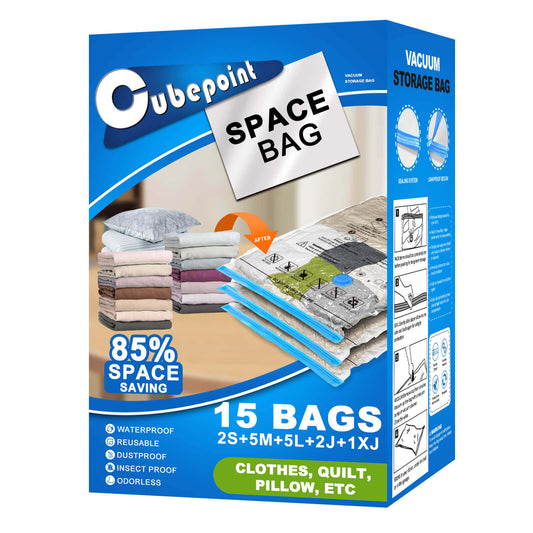 Cubepoint 15 Pack Space Bags Vacuum Storage Bags,1 X-Jumbo 2 Jumbo 5 Large 2 Medium 2 Small Vacuum Seal Bags for Clothes,Save Space for Comforters, Blanket Storage