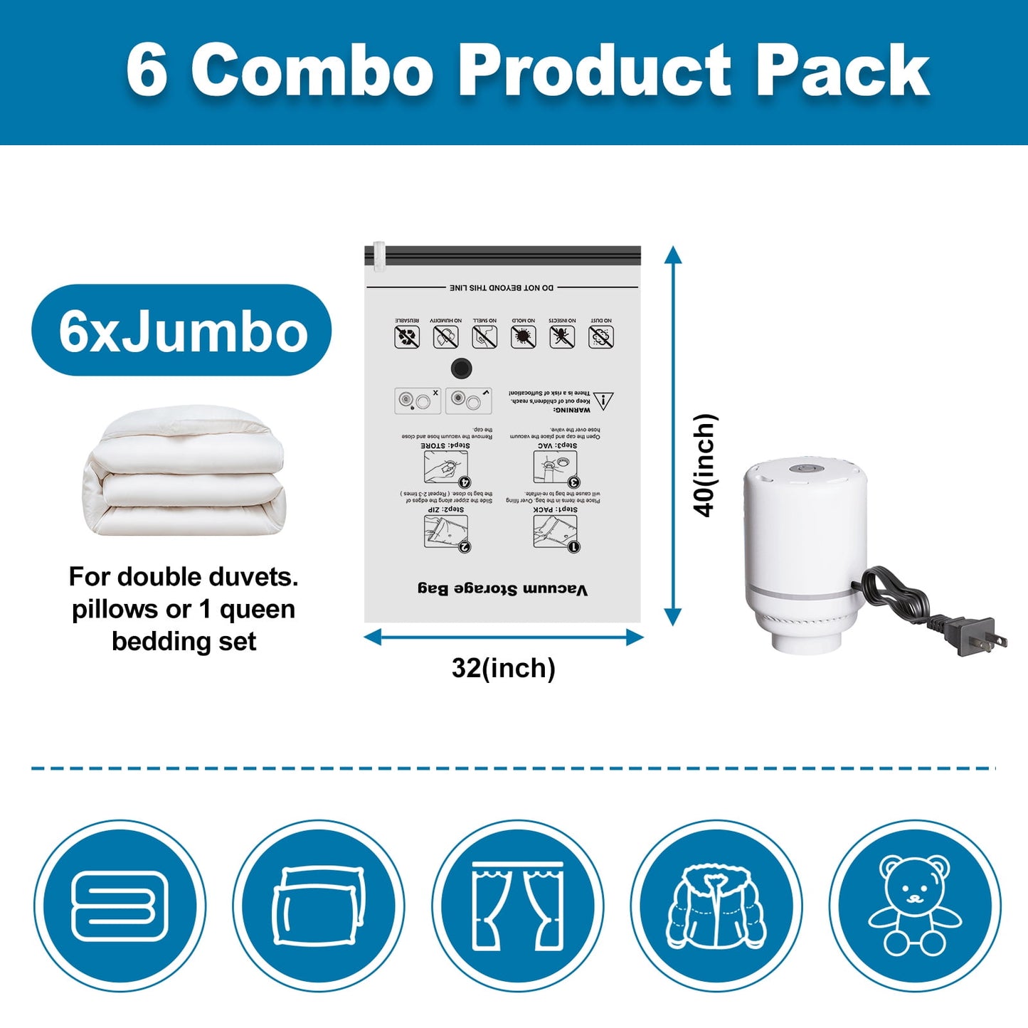 Cubepoint 6 Jumbo Vacuum Storage Bags with Electric Pump, Space Saver Bags, Airtight Double Zipper Vacuum Sealed Bags for Clothes, Comforters, Blankets