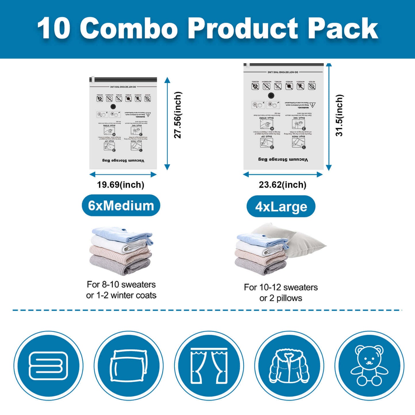 Cubepoint 10 Pack Vacuum Storage Bags, 6 Large 4 Medium Instant Space Saver Storage Bags for Comforters, Blankets, Clothes Storage