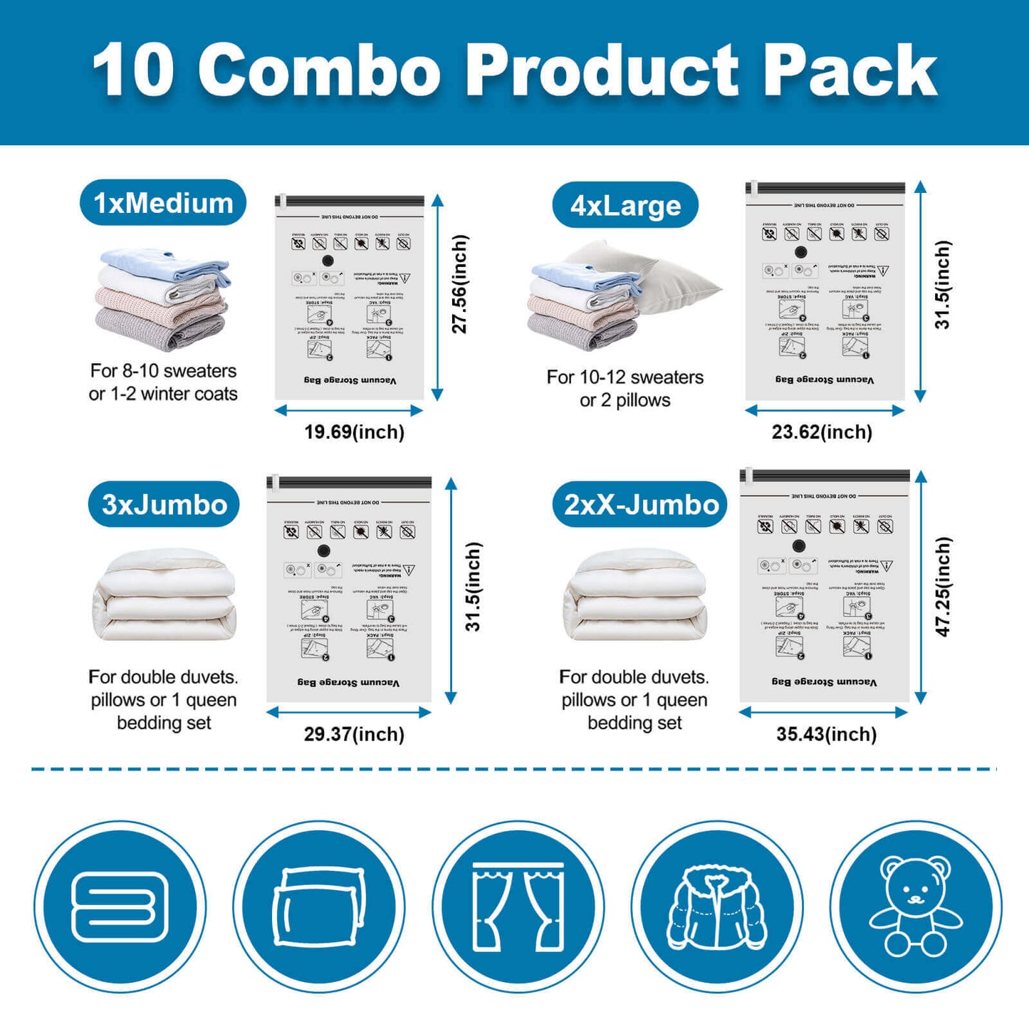 Cubepoint 10 Combo Vacuum Storage Bags, 2 X-Jumbo 3 Jumbo 4 Large 1 Medium Space Saver Storage Bags, Airtight Double Zipper Vacuum Seal Bags for Clothes, Comforters, Blankets