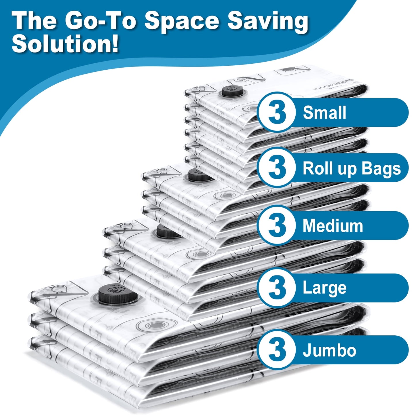 Cubepoint 15 Pack Vacuum Storage Bags with Electric Pump, 3 Jumbo 3 Large 3 Medium 3 Small 3 Roll up Bags, Vacuum Storage Bags for Clothes, Instant Space Saver Storage Bags