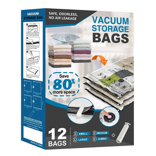 Cubepoint 12 Pack Vacuum Storage Bags with Hand Pump, 3 Jumbo 3 Large 3 Medium 3 Small Space Saver Bags, Airtight Vacuum Sealed Bags for Clothes, Comforters, Blankets