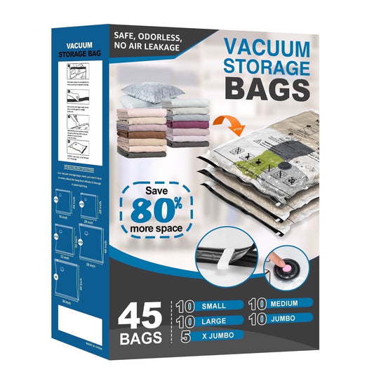 Cubepoint 45 Pack Vacuum Storage Bags Space Saver Bags (5 X-Jumbo/10 Jumbo/10 Large/10 Medium/10 Small) Compression for Comforters and Blankets Sealer Clothes Storage