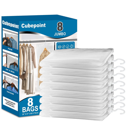Cubepoint 8 Pack Hanging Vacuum Storage Bags(28 X 47 in), Hanging Vacuum Space Saver Clear Bags for Clothes, Suits, Dress, Jackets