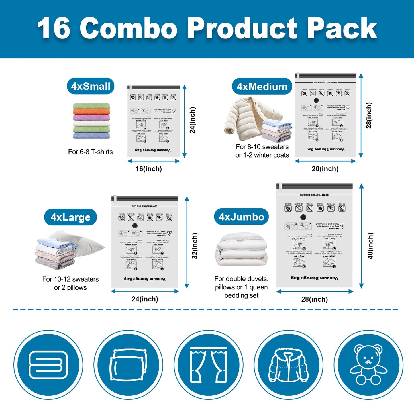 Cubepoint 16 Combo Vacuum Storage Bags with Pump, 4 Jumbo 4 Large 4 Medium 4 Samll Space Saver Storage Bags, Double Zipper Vacuum Seal Bags for Clothes, Comforters, Blankets