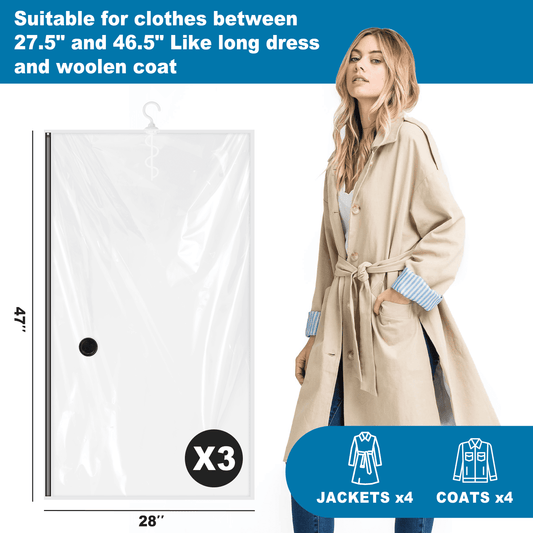Cubepoint 3 Pack Hanging Vacuum Storage Bags(28 X 47 in), Hanging Space Saver Vacuum Seal Bags for Clothes, Suits, Dress, Jackets