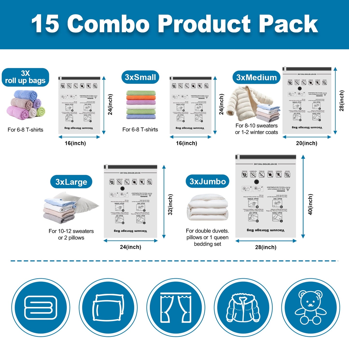 Cubepoint 15 Pack Vacuum Storage Bags with Electric Pump, 3 Jumbo 3 Large 3 Medium 3 Small 3 Roll up Bags, Vacuum Storage Bags for Clothes, Instant Space Saver Storage Bags