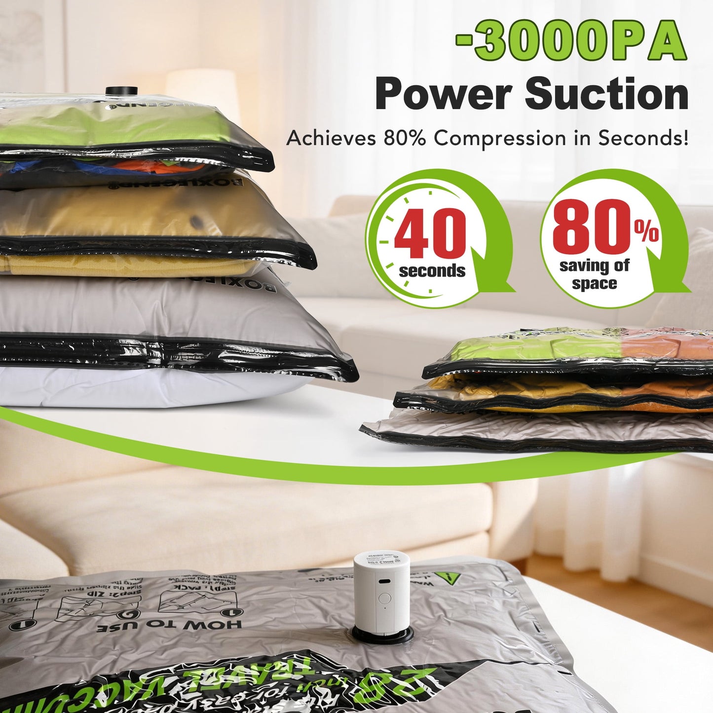 Cubepoint 15 Bags Travel Vacuum Bags with Rechargeable Air Pump, Carry-on Size Travel Vacuum Storage Bags for Luggage and Suitcase, Vacuum Compression Bags for Clothes and Travel