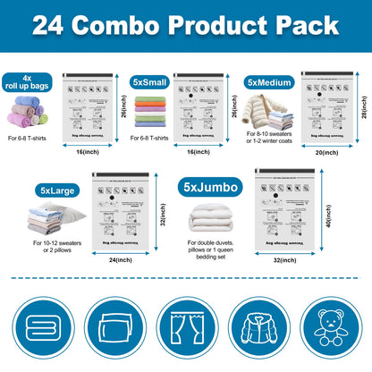 Cubepoint 24 Combo Vacuum Storage Bags with Electric Pump, 5 Jumbo 5 Large 5 Medium 5 Small 4 Roll up Bags Space Saver Storage Bags, Double Zipper Vacuum Seal Bags for Clothes