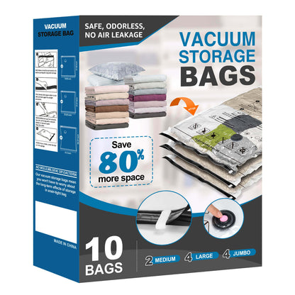 Cubepoint 10 Combo Vacuum Storage Bags, 4 Jumbo 4 Large 2 Medium Instant Space Saver Storage Bags, Airtight Double Zipper Vacuum Seal Bags for Clothes, Comforters, Pillows