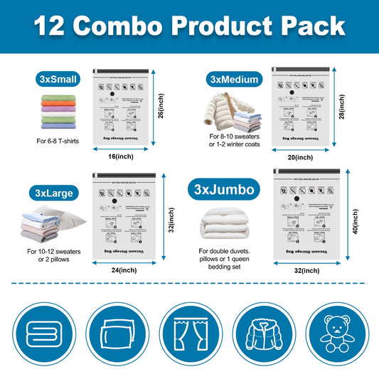 Cubepoint 12 Pack Vacuum Storage Bags with Hand Pump, 3 Jumbo 3 Large 3 Medium 3 Small Space Saver Bags, Airtight Vacuum Sealed Bags for Clothes, Comforters, Blankets