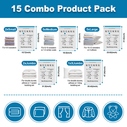 Cubepoint 15 Pack Space Bags Vacuum Storage Bags,1 X-Jumbo 2 Jumbo 5 Large 2 Medium 2 Small Vacuum Seal Bags for Clothes,Save Space for Comforters, Blanket Storage