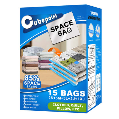 Cubepoint 15 Pack Space Bags Vacuum Storage Bags,1 X-Jumbo 2 Jumbo 5 Large 2 Medium 2 Small Vacuum Seal Bags for Clothes,Save Space for Comforters, Blanket Storage