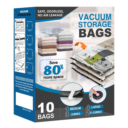 Cubepoint 10 Combo Vacuum Storage Bags, 2 X-Jumbo 3 Jumbo 4 Large 1 Medium Space Saver Storage Bags, Airtight Double Zipper Vacuum Seal Bags for Clothes, Comforters, Blankets