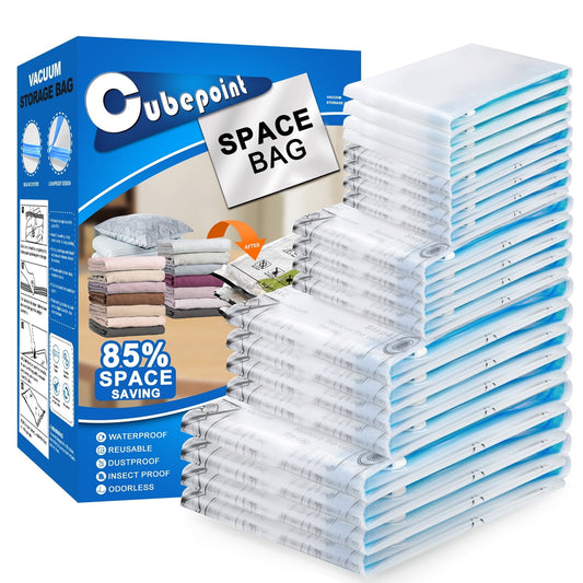 Cubepoint 25 Pack Space Bags Vacuum Storage Bags,5 Jumbo 5 Large 5 Medium 5 Small 5 Roll up Bags Space Saver Bags for Travel, Vacuum Bags for Clothes, Quilts, Pillows, Comforters