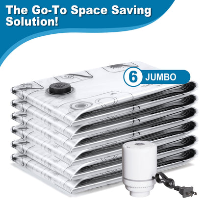 Cubepoint 6 Jumbo Vacuum Storage Bags with Electric Pump, Space Saver Bags, Airtight Double Zipper Vacuum Sealed Bags for Clothes, Comforters, Blankets