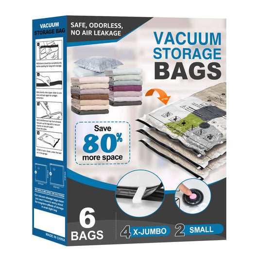 Cubepoint 6 Combo Vacuum Storage Bags, 4 X-Jumbo 2 Small Space Saver Storage Bags, Airtight Double Zipper Compression Storage Bags for Clothes, Comforters, Pillows