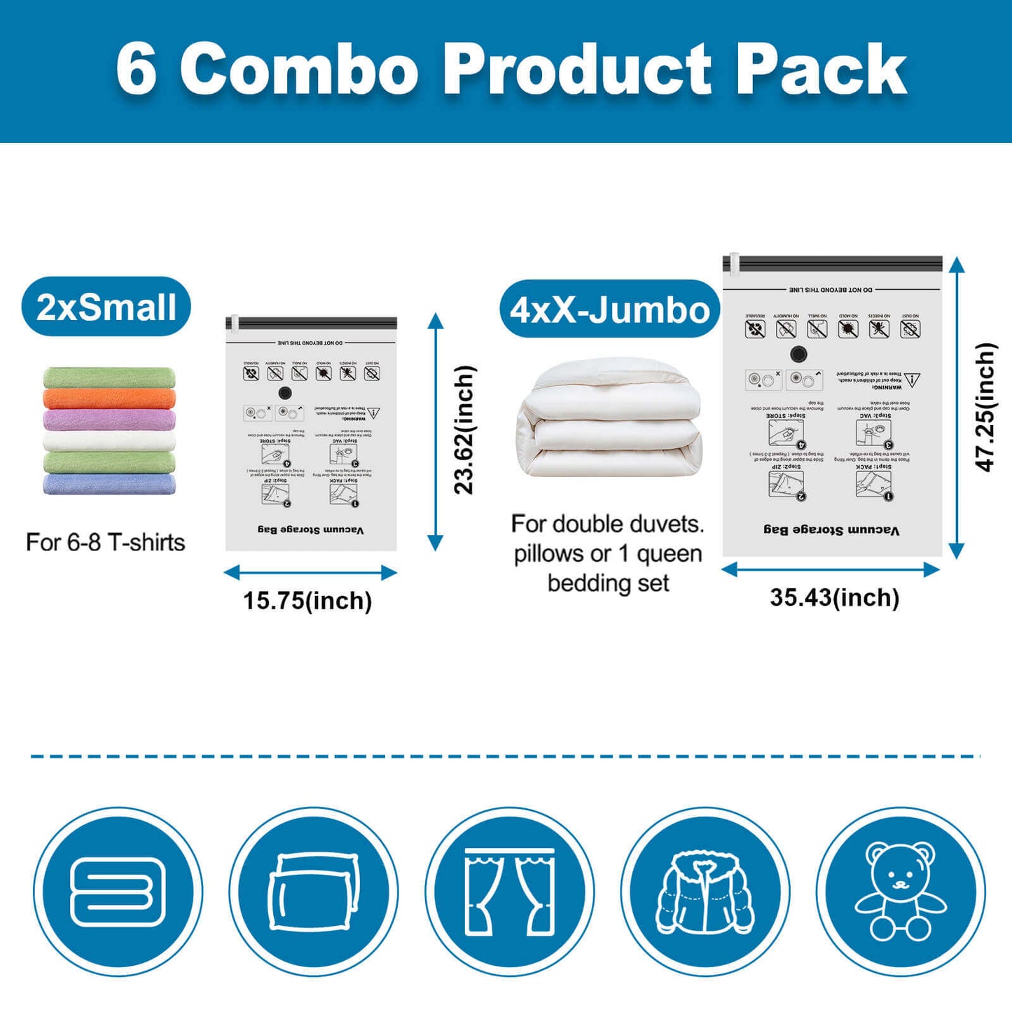 Cubepoint 6 Combo Vacuum Storage Bags, 4 X-Jumbo 2 Small Space Saver Storage Bags, Airtight Double Zipper Compression Storage Bags for Clothes, Comforters, Pillows