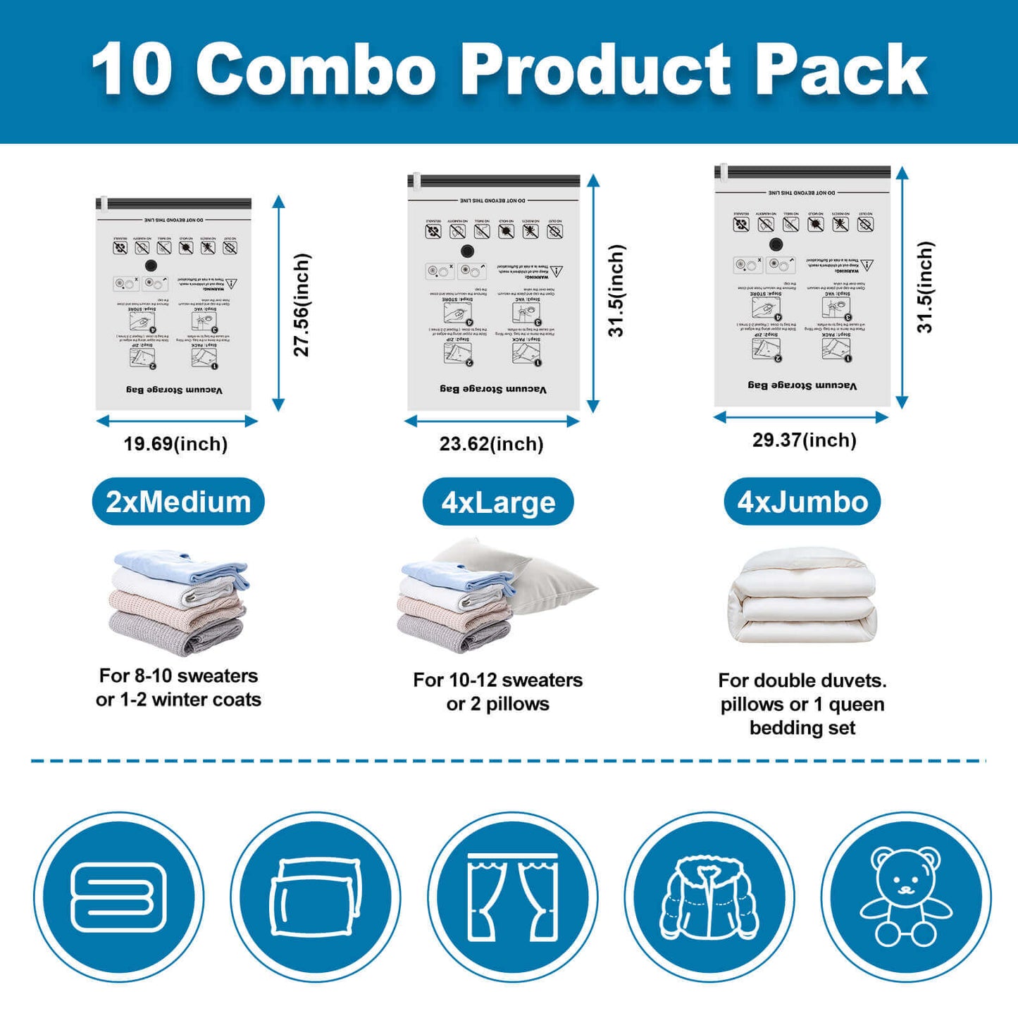 Cubepoint 10 Combo Vacuum Storage Bags, 4 Jumbo 4 Large 2 Medium Instant Space Saver Storage Bags, Airtight Double Zipper Vacuum Seal Bags for Clothes, Comforters, Pillows