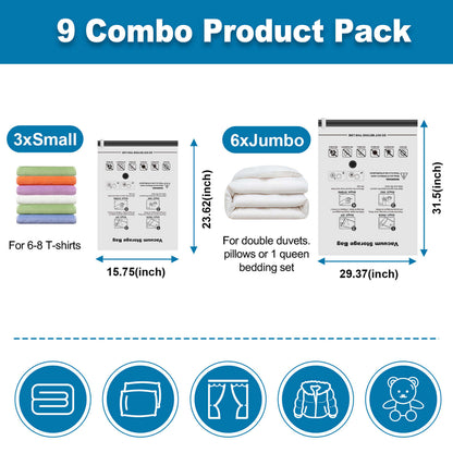 Cubepoint 9 Pack Vacuum Storage Bags, 6 Jumbo 3 Small Space Saver Bags, Airtight Vacuum Sealed Bags for Clothes, Comforters, Blankets
