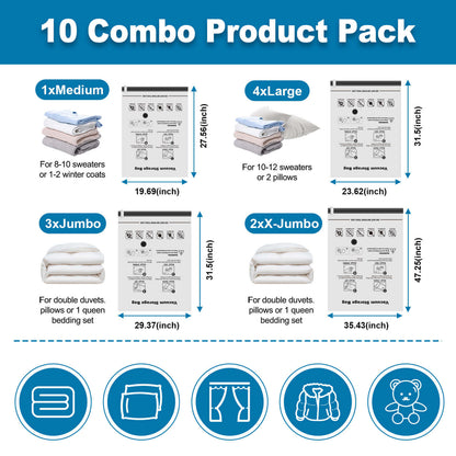 Cubepoint 10 Combo Vacuum Storage Bags, 2 X-Jumbo 3 Jumbo 4 Large 1 Medium Space Saver Storage Bags, Airtight Double Zipper Vacuum Seal Bags for Clothes, Comforters, Blankets