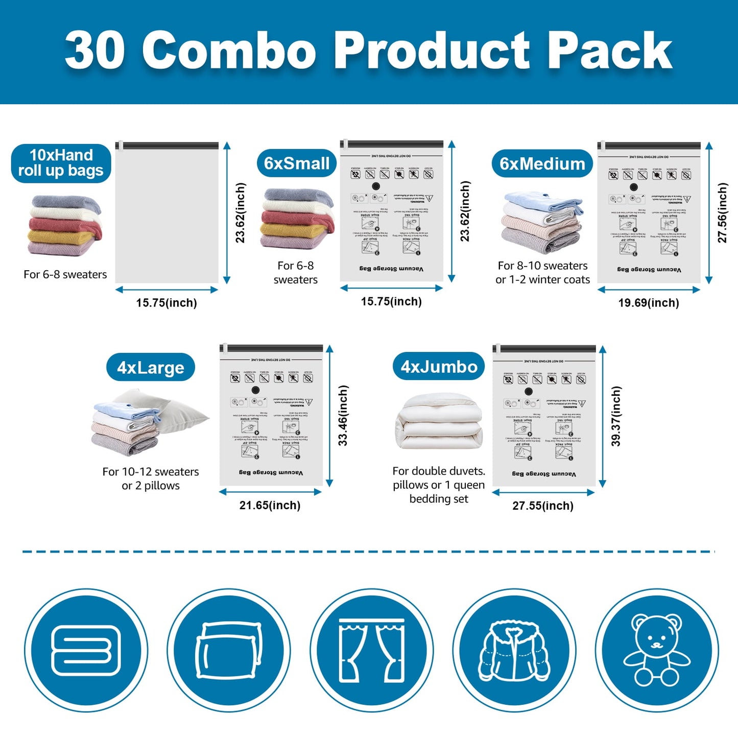 30 Pack Vacuum Storage Bags Space Saver Bags (4 Jumbo/4 Large/6 Medium/6 Small/10 Roll) Compression for Comforters and Blankets Sealer Clothes Storage