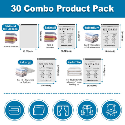30 Pack Vacuum Storage Bags Space Saver Bags (4 Jumbo/4 Large/6 Medium/6 Small/10 Roll) Compression for Comforters and Blankets Sealer Clothes Storage