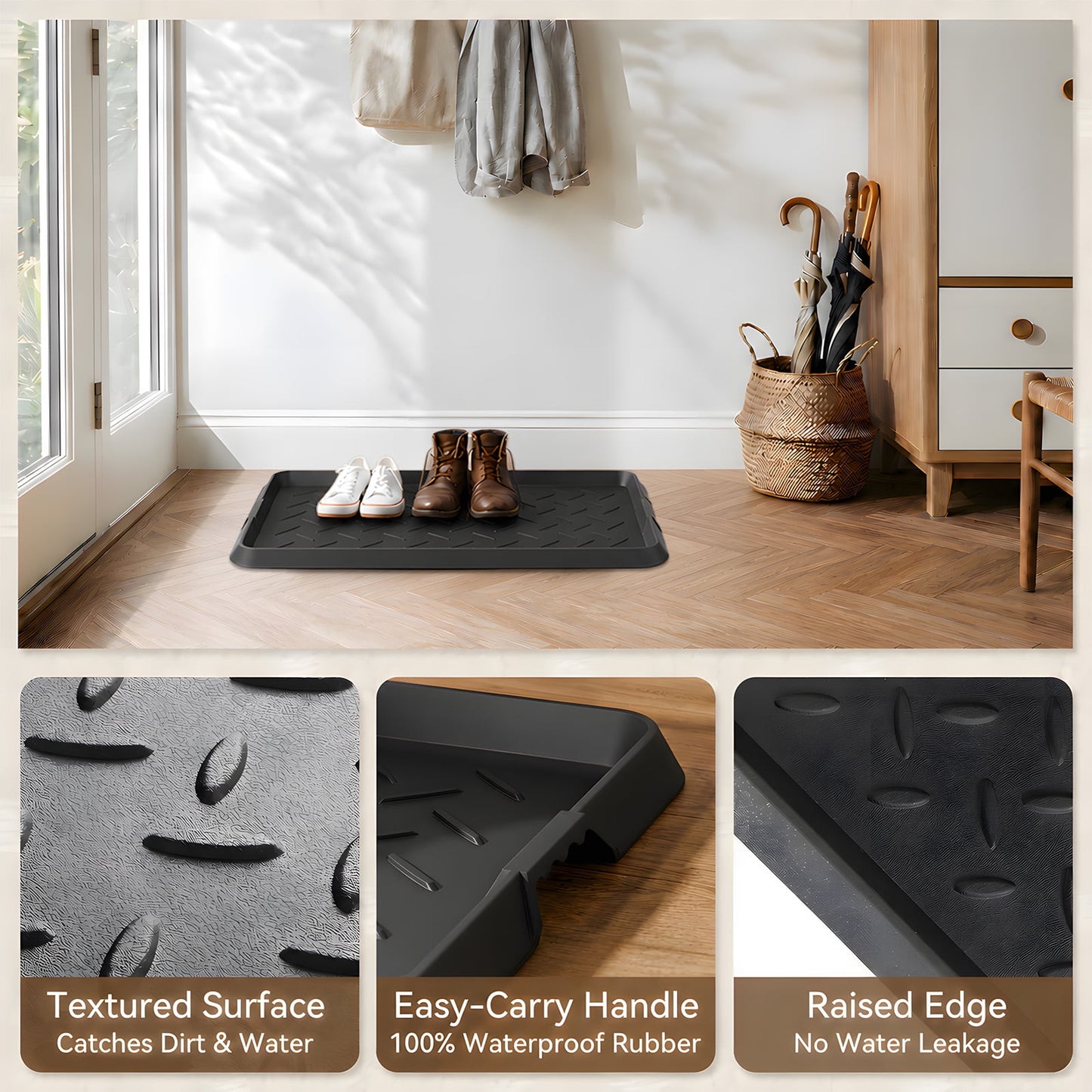 Cubepoint 2PCS Large Rubber Boot Tray, Waterproof Non-Slip Doormat for Entryway, All-Weather Versatile Pet Food Mats Tray with Raised Edge, 27.5"x16" Boot Mat Tray for Shoe Organizer Indoor/Outdoor