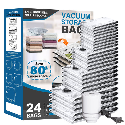 Cubepoint 24 Combo Vacuum Storage Bags with Electric Pump, 5 Jumbo 5 Large 5 Medium 5 Small 4 Roll up Bags Space Saver Storage Bags, Double Zipper Vacuum Seal Bags for Clothes