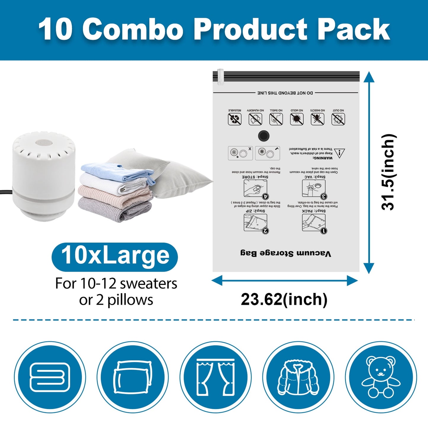 Cubepoint 10 Pack Vacuum Storage Bags with Electric Pump, 10 Large Space Saver Bags, Airtight Vacuum Sealed Bags for Clothes, Comforters, Blankets
