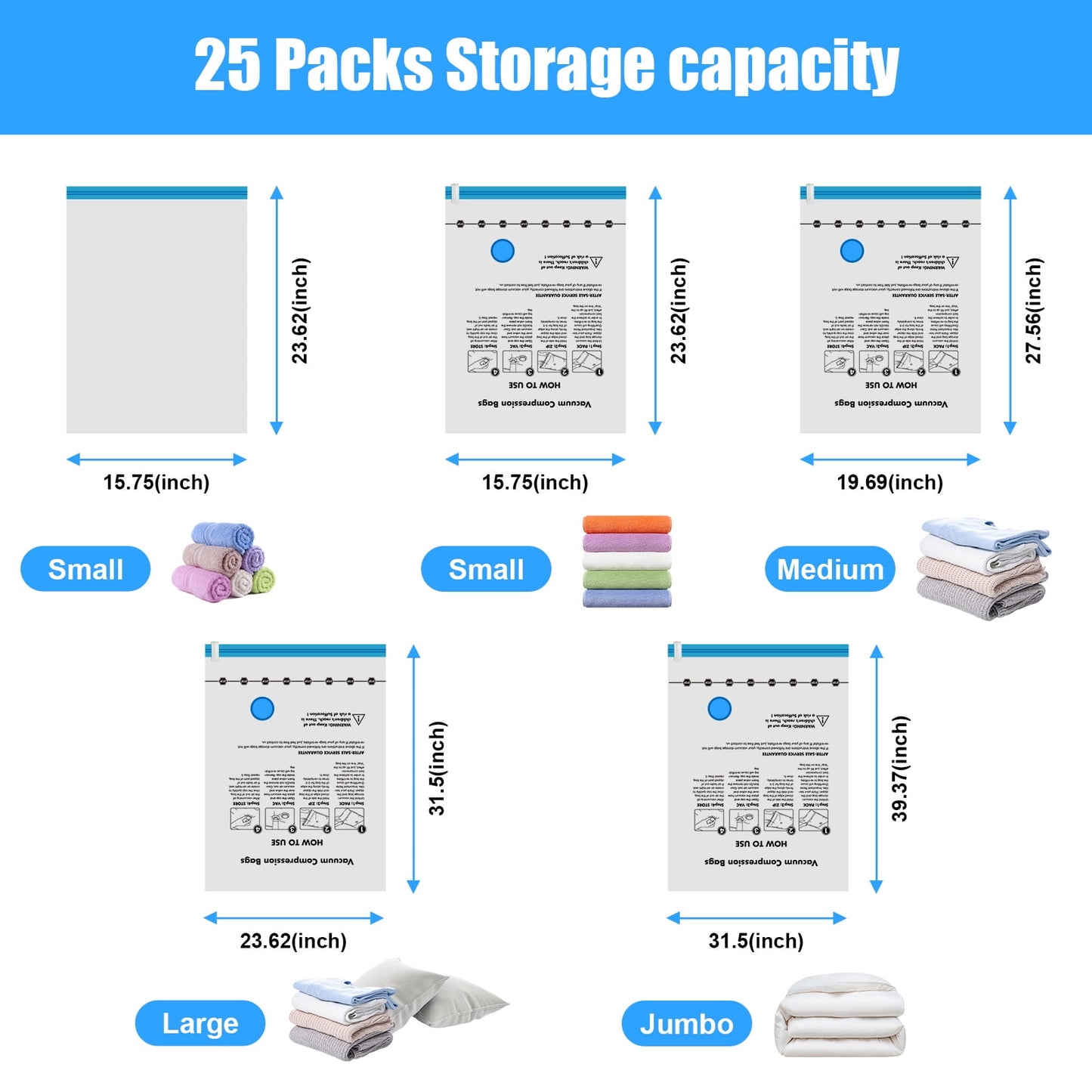 Cubepoint 25 Pack Space Bags Vacuum Storage Bags,5 Jumbo 5 Large 5 Medium 5 Small 5 Roll up Bags Space Saver Bags for Travel, Vacuum Bags for Clothes, Quilts, Pillows, Comforters