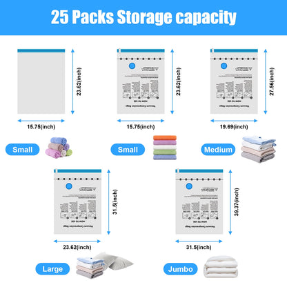 Cubepoint 25 Pack Space Bags Vacuum Storage Bags,5 Jumbo 5 Large 5 Medium 5 Small 5 Roll up Bags Space Saver Bags for Travel, Vacuum Bags for Clothes, Quilts, Pillows, Comforters