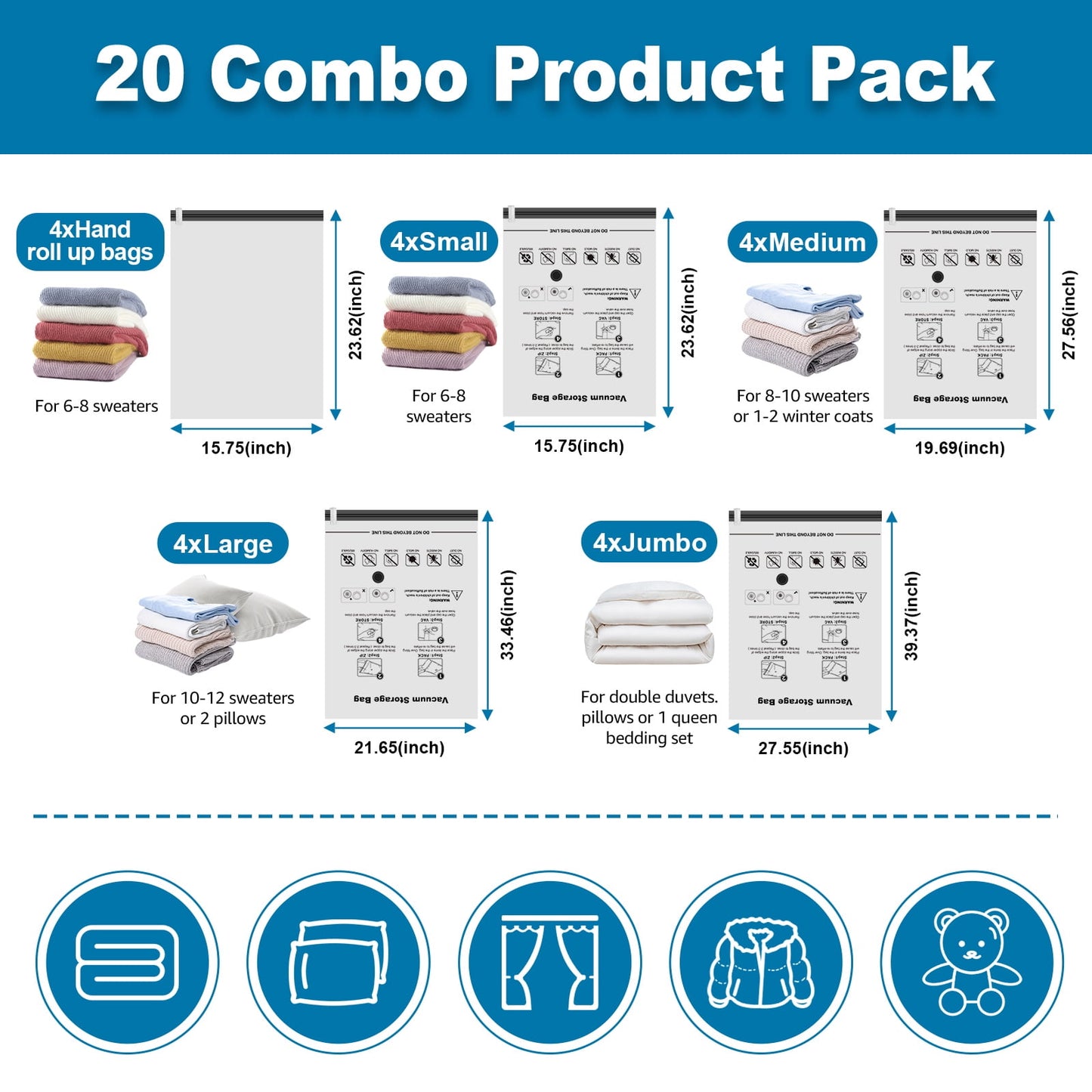 20 Pack Vacuum Storage Bags Space Saver Bags (4 Jumbo/4 Large/4 Medium/4 Small/4 Roll) Compression for Comforters and Blankets Sealer Clothes Storage