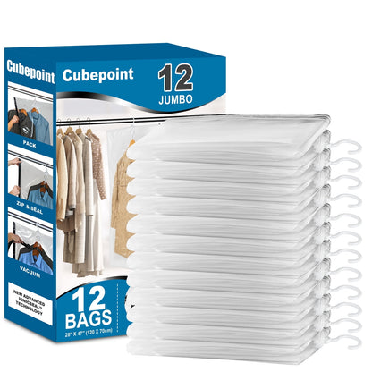 Cubepoint 12 Pack Hanging Vacuum Storage Bags(28 X 47 in), Hanging Vacuum Space Saver Clear Bags for Clothes, Suits, Dress, Jackets