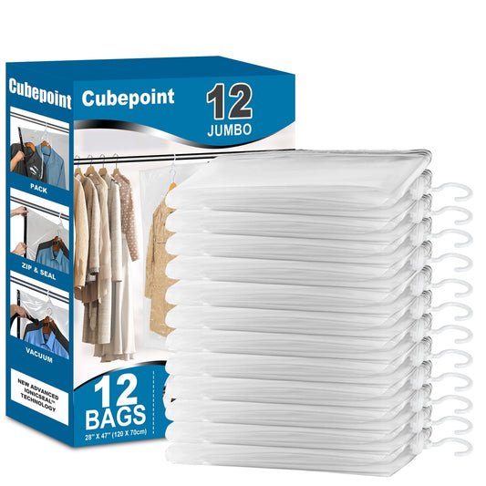 Cubepoint 12 Pack Hanging Vacuum Storage Bags(28 X 47 in), Hanging Vacuum Space Saver Clear Bags for Clothes, Suits, Dress, Jackets