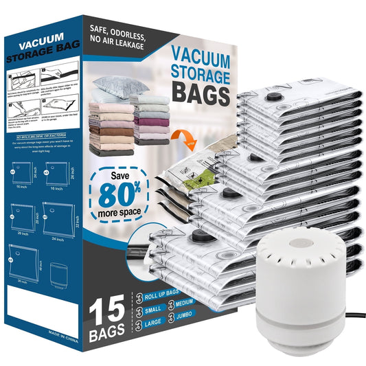 Cubepoint 15 Pack Vacuum Storage Bags with Electric Pump, 3 Jumbo 3 Large 3 Medium 3 Small 3 Roll up Bags, Vacuum Storage Bags for Clothes, Instant Space Saver Storage Bags