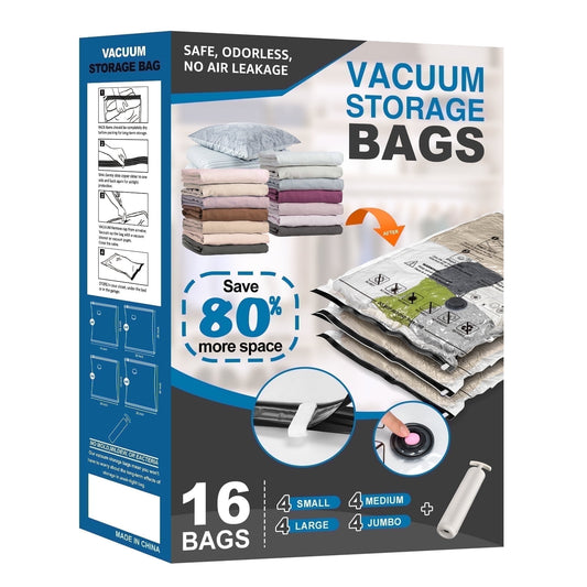 Cubepoint 16 Combo Vacuum Storage Bags with Pump, 4 Jumbo 4 Large 4 Medium 4 Samll Space Saver Storage Bags, Double Zipper Vacuum Seal Bags for Clothes, Comforters, Blankets