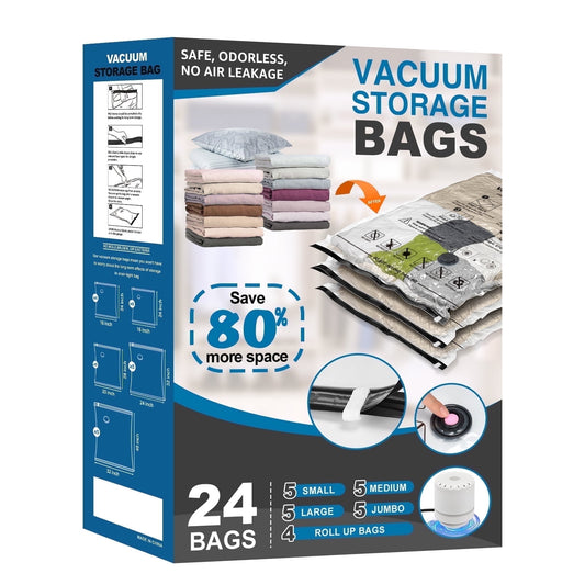 Cubepoint 24 Combo Vacuum Storage Bags with Electric Pump, 5 Jumbo 5 Large 5 Medium 5 Small 4 Roll up Bags Space Saver Storage Bags, Double Zipper Vacuum Seal Bags for Clothes