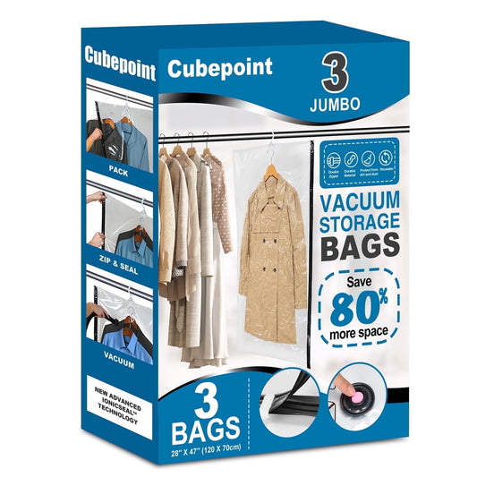 Cubepoint 3 Pack Hanging Vacuum Storage Bags(28 X 47 in), Hanging Space Saver Vacuum Seal Bags for Clothes, Suits, Dress, Jackets