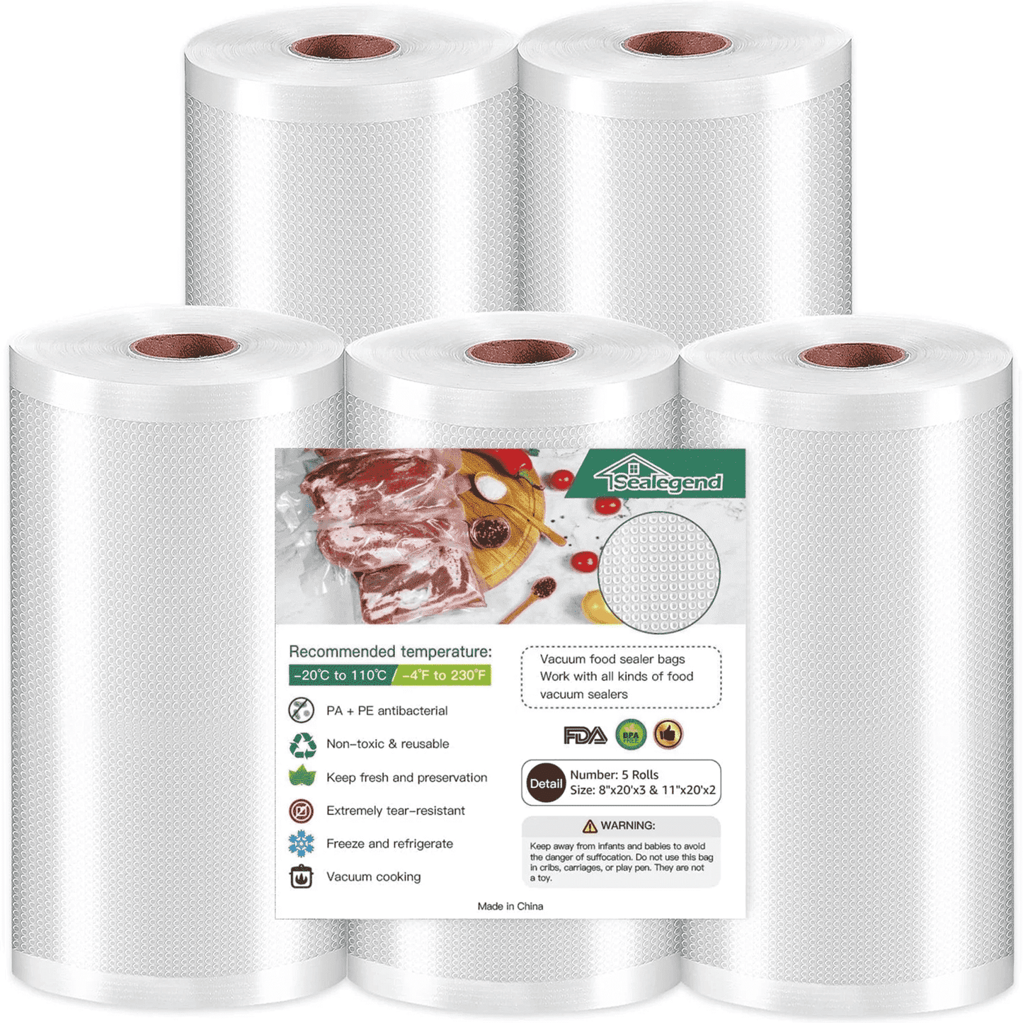 Cubepoint 3 Rolls (8" x 20') and 2 Rolls (11" x 20') Vacuum Sealer Bags,Vacuum seal Bags,Vacuum Sealer Rolls,Seal a Meal Bags