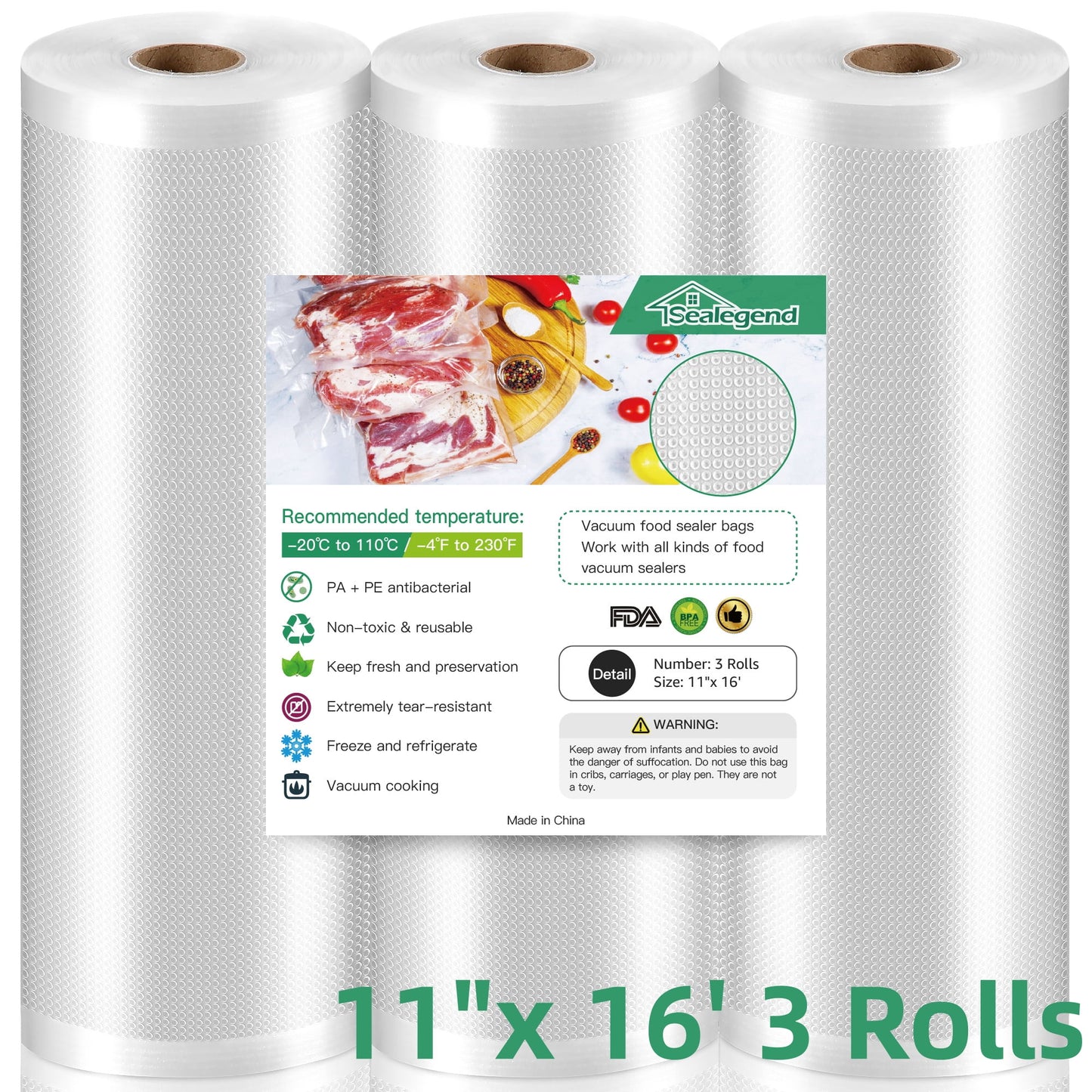 Cubepoint Vacuum Sealer Bags For Food Saver,11"x 16' 3 Rolls,Food Saver Bags,Vacuum Seal Bags for Food, Food Saver Bags for Sealer