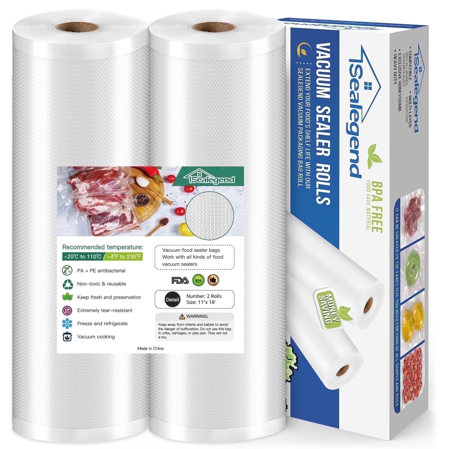 Cubepoint Vacuum Sealer Bags for Food Saver,11"x 18' 2 Rolls Food Saver Bags for Sealer,Vacuum Seal Bags for Food