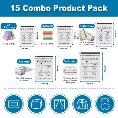Cubepoint 15 Pack Vacuum Storage Bags with Electric Pump, 3 Jumbo 3 Large 3 Medium 3 Small 3 Roll up Bags, Vacuum Storage Bags for Clothes, Instant Space Saver Storage Bags