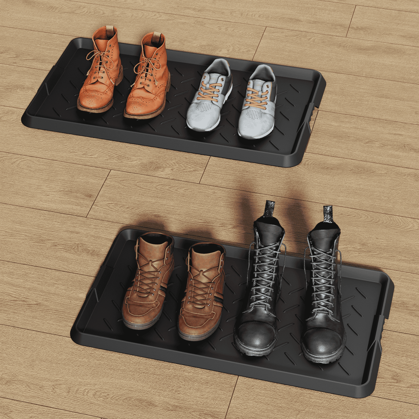 Cubepoint 2PCS Large Rubber Boot Tray, Waterproof Non-Slip Doormat for Entryway, All-Weather Versatile Pet Food Mats Tray with Raised Edge, 27.5"x16" Boot Mat Tray for Shoe Organizer Indoor/Outdoor
