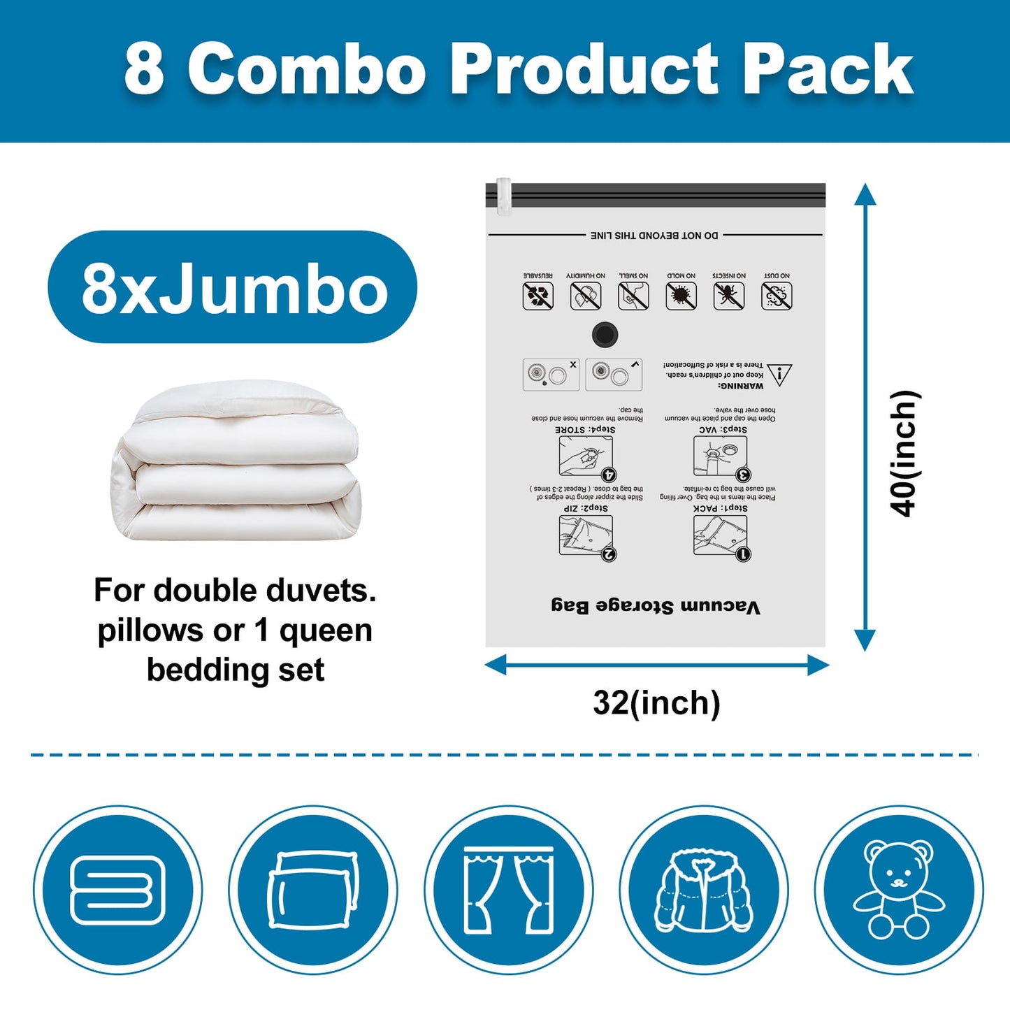 Cubepoint 8 Jumbo Vacuum Storage Bags, Space Saver Bags, Clothes Storage Bags, Airtight Vacuum Sealed Bags for Clothes, Comforters, Blankets