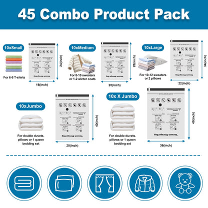 Cubepoint 45 Pack Vacuum Storage Bags Space Saver Bags (5 X-Jumbo/10 Jumbo/10 Large/10 Medium/10 Small) Compression for Comforters and Blankets Sealer Clothes Storage