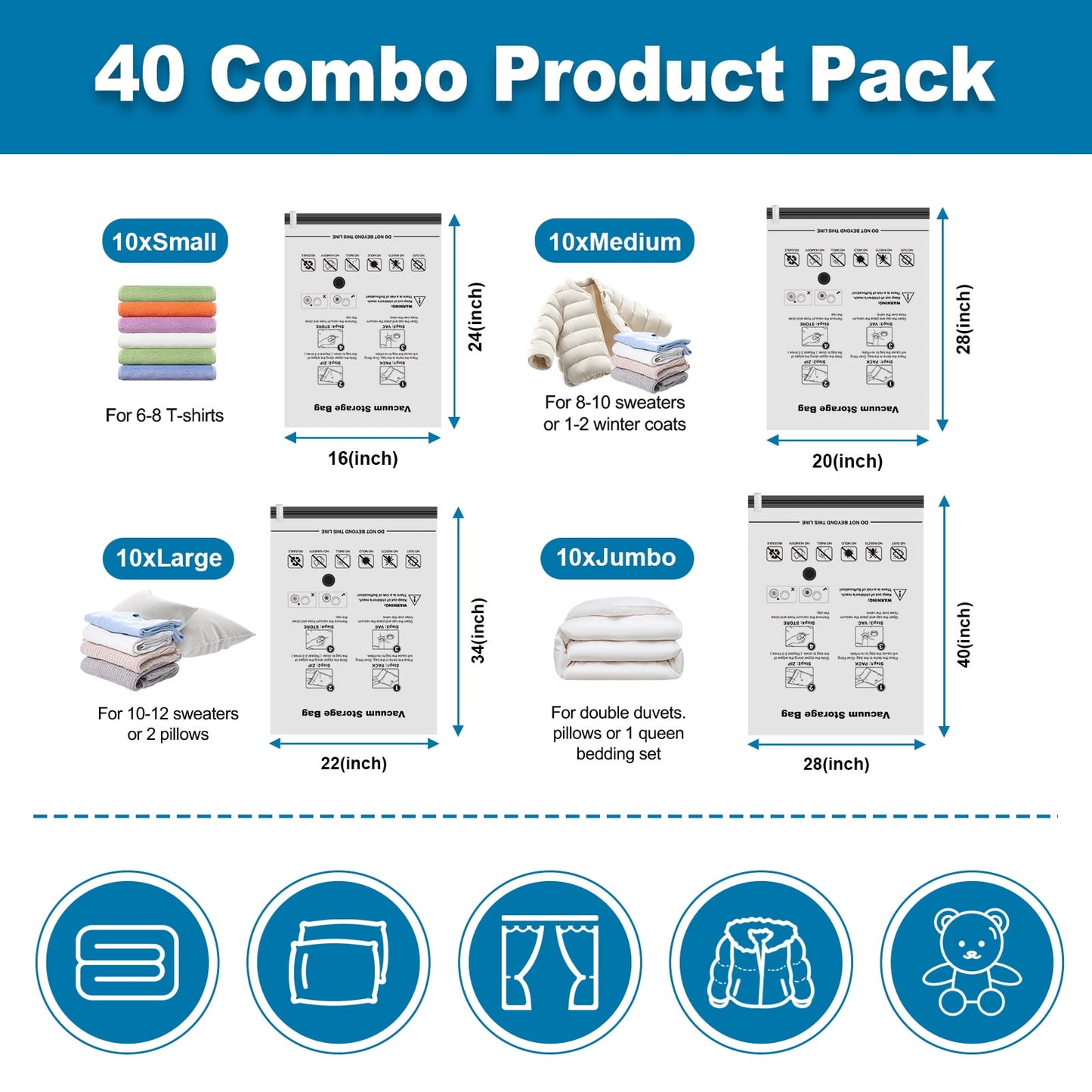 Cubepoint 40 Pack Vacuum Storage Bags, 10 Jumbo/10 Large/10 Medium/10 Small Vacuum Seal Bags for Clothes, Space Saver Bags